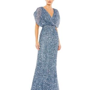 Beautiful Mac Duggal sequins slate blue current dress.  Worn for a few hours.
